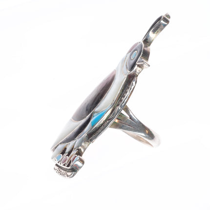 sz8 Big vintage BB Native American sterling silver quail carved inlay ring