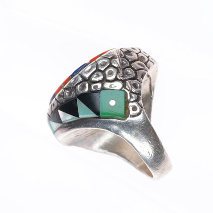 sz9 Heavy vintage Native American sterling silver intarsia inlay men's ring