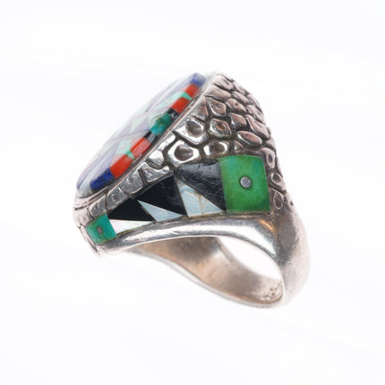 sz9 Heavy vintage Native American sterling silver intarsia inlay men's ring