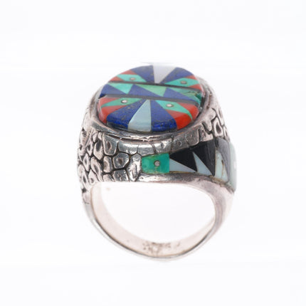 sz9 Heavy vintage Native American sterling silver intarsia inlay men's ring