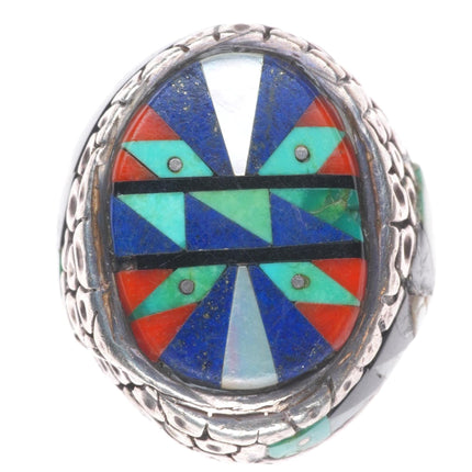 sz9 Heavy vintage Native American sterling silver intarsia inlay men's ring