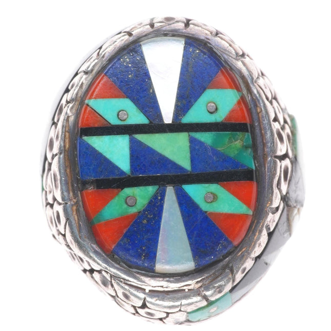 sz9 Heavy vintage Native American sterling silver intarsia inlay men's ring