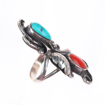 sz7.5 Phil Chapo Navajo sterling silver turquoise/coral long ring