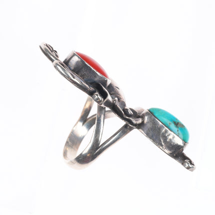 sz7.5 Phil Chapo Navajo sterling silver turquoise/coral long ring