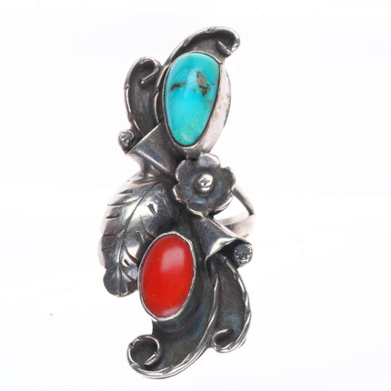 sz7.5 Phil Chapo Navajo sterling silver turquoise/coral long ring
