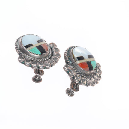 Vintage 40's-50's Zuni sterling silver turquoise, spiny oyster sunface earrings