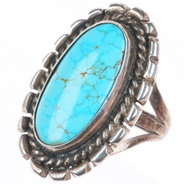 sz4.75 Vintage Navajo sterling silver rope bezel ring with nice turquoise