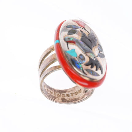 sz8 Jake - Irene Livingston Navajo/Zuni sterling silver hummingbird ring w/coral