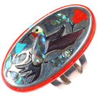 sz8 Jake - Irene Livingston Navajo/Zuni sterling silver hummingbird ring w/coral
