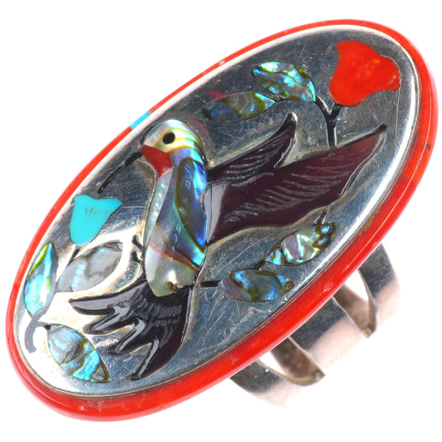 sz8 Jake - Irene Livingston Navajo/Zuni sterling silver hummingbird ring w/coral