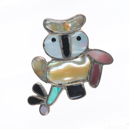 sz7 Big vintage Zuni sterling silver owl ring shell/turquoise inlay