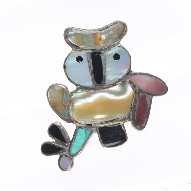 sz7 Big vintage Zuni sterling silver owl ring shell/turquoise inlay