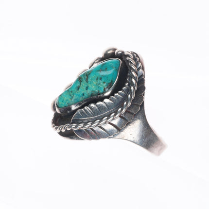 sz10 Vintage Navajo sterling silver turquoise feather bezel ring