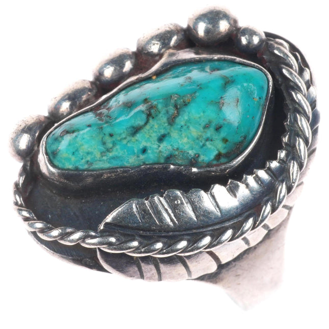 sz10 Vintage Navajo sterling silver turquoise feather bezel ring