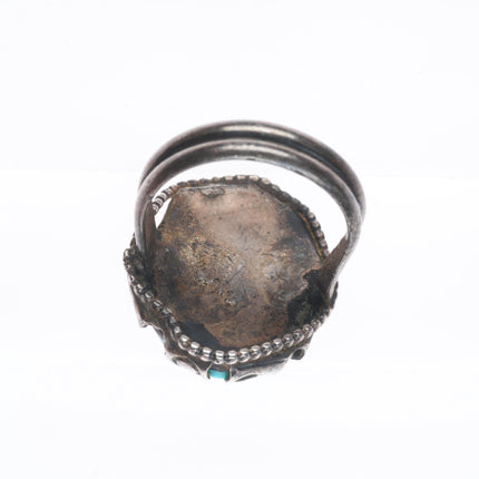 sz10 Vintage Navajo sterling silver turquoise ring with stamped bezels