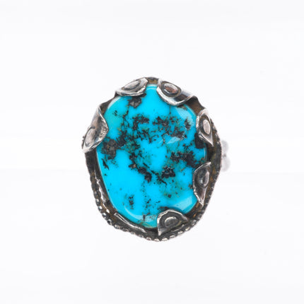 sz10 Vintage Navajo sterling silver turquoise ring with stamped bezels