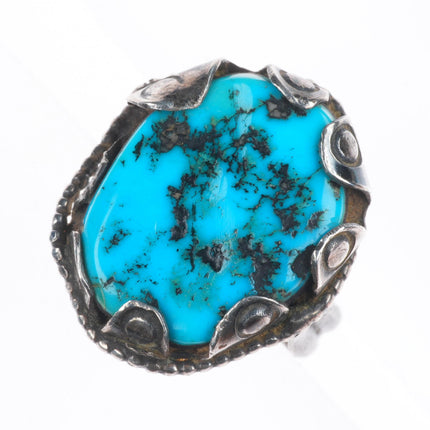 sz10 Vintage Navajo sterling silver turquoise ring with stamped bezels