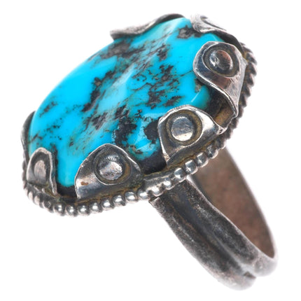 sz10 Vintage Navajo sterling silver turquoise ring with stamped bezels