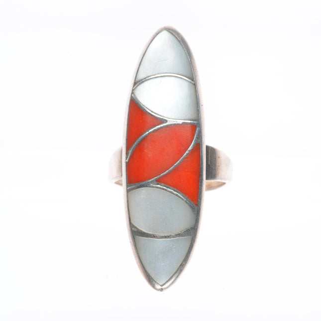 sz6.5 Vintage Zuni sterling silver coral/shell abstract inlay long ring