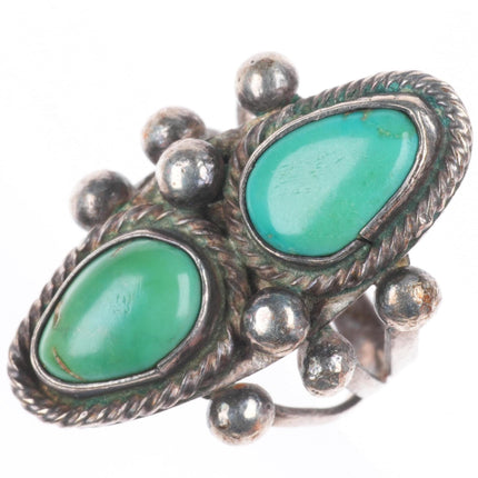 sz6 30's-40's Vintage Navajo sterling silver twisted wire bezel 2 turquoise ring