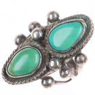 sz6 30's-40's Vintage Navajo sterling silver twisted wire bezel 2 turquoise ring