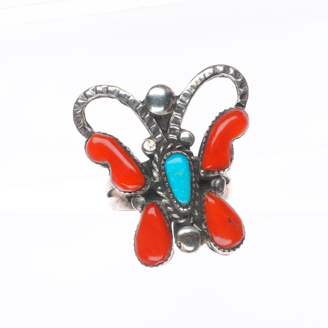 sz6 Vintage Navajo sterling silver turquoise and coral figural butterfly ring