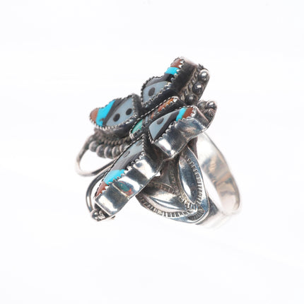 sz8 1940's Zuni sterling silver turquoise/spiny oyster inlaid butterfly ring