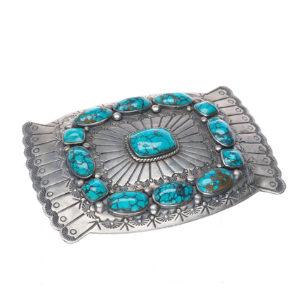 Big Henry Baca Navajo sterling silver turquoise cluster chiseled belt buckle