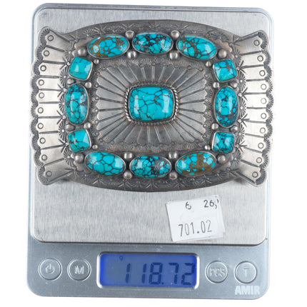 Big Henry Baca Navajo sterling silver turquoise cluster chiseled belt buckle