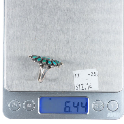 sz7.75 40's-50's Vintage Zuni sterling silver flush inlay turquoise cluster ring