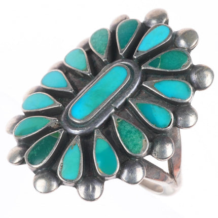 sz7.75 40's-50's Vintage Zuni sterling silver flush inlay turquoise cluster ring