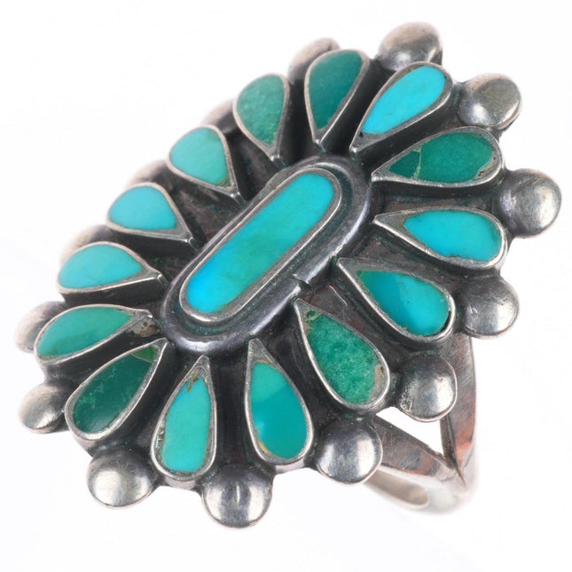 sz7.75 40's-50's Vintage Zuni sterling silver flush inlay turquoise cluster ring