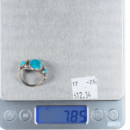 sz7 20's-30's Antique Navajo ingot silver high grade turquoise 3 stone ring