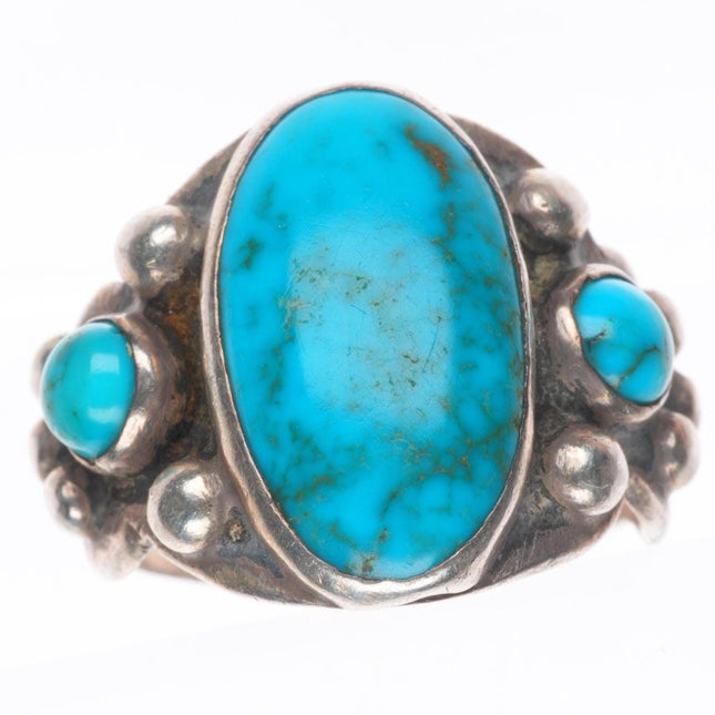 sz7 20's-30's Antique Navajo ingot silver high grade turquoise 3 stone ring
