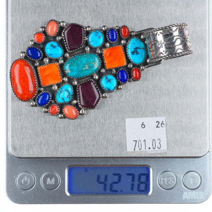 Large L.T. Chee Navajo sterling silver turquoise, spiny oyster, lapis pendant