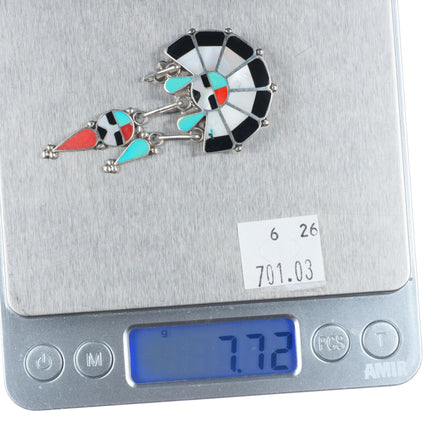 Ricky Latyice Zuni sterling silver sunface dangly pendant turquoise/coral inlay