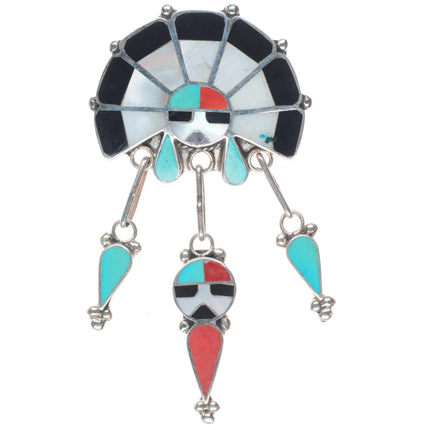 Ricky Latyice Zuni sterling silver sunface dangly pendant turquoise/coral inlay