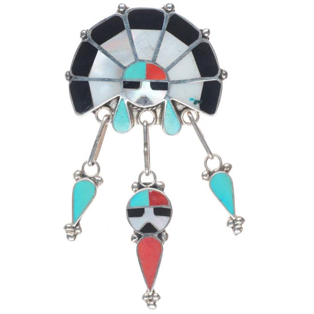 Ricky Latyice Zuni sterling silver sunface dangly pendant turquoise/coral inlay