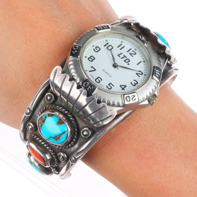 7.5" Vintage Navajo sterling silver turquoise/coral watch cuff bracelet