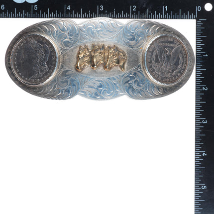 Huge Vintage Hand engraved sterling 2 silver dollar horse bust belt  buckle