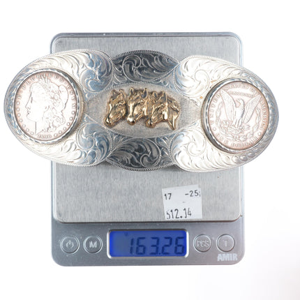 Huge Vintage Hand engraved sterling 2 silver dollar horse bust belt  buckle