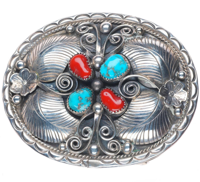 J Toadlena Navajo vintage sterling silver high grade turquoise/coral belt buckle