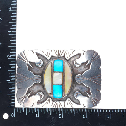 LB Tom Vintage Navajo sterling silver turquoise/shell inlay belt buckle