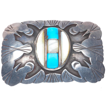 LB Tom Vintage Navajo sterling silver turquoise/shell inlay belt buckle