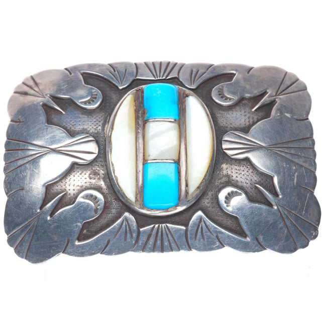 LB Tom Vintage Navajo sterling silver turquoise/shell inlay belt buckle