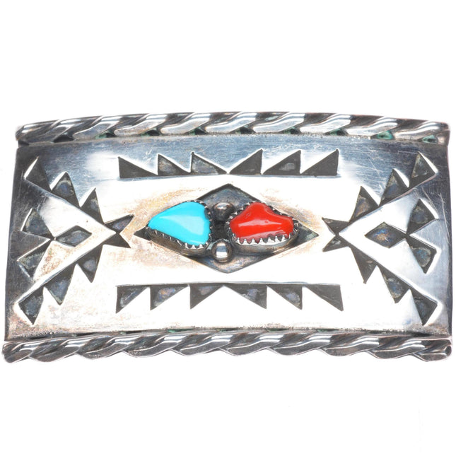 Vintage Navajo sterling silver turquoise/coral rug pattern belt buckle