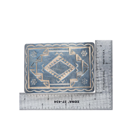 vintage Navajo sterling silver stamped and chiseled rug pattern belt buckle