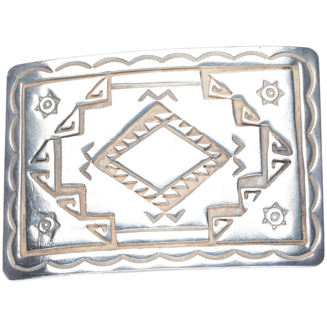vintage Navajo sterling silver stamped and chiseled rug pattern belt buckle