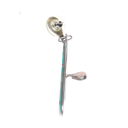 Large Vintage Zuni sterling silver channel inlay turquoise dangly long earrings