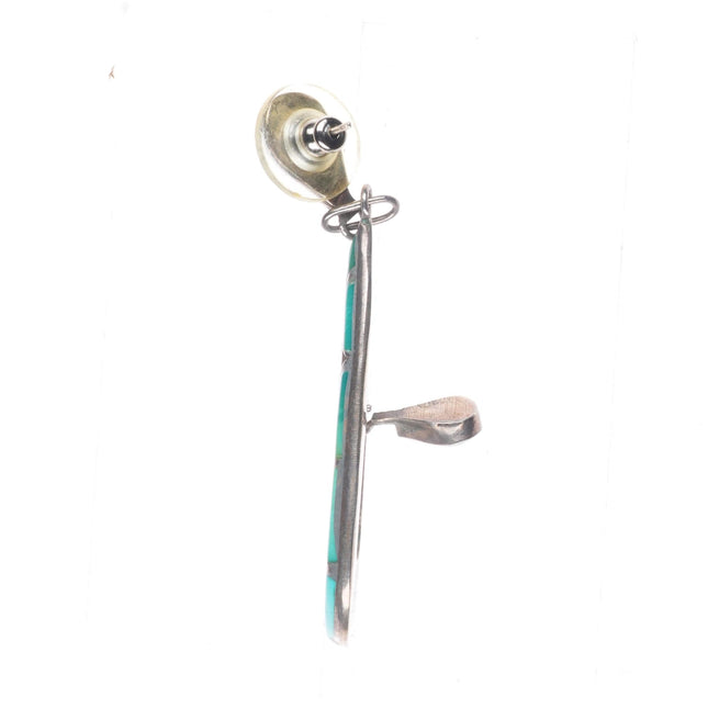 Large Vintage Zuni sterling silver channel inlay turquoise dangly long earrings